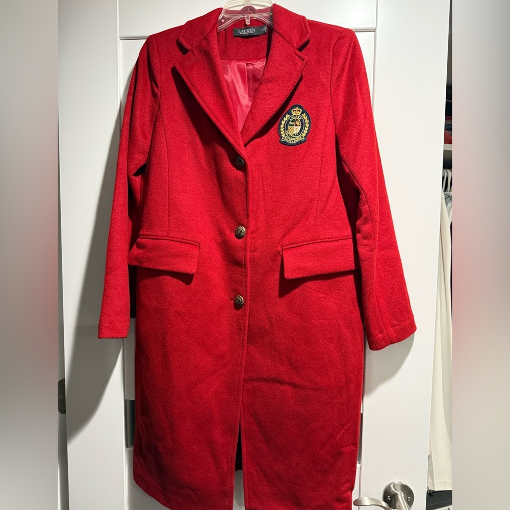 New Ralph Lauren Red Coat with Embroidered Crest Size 6